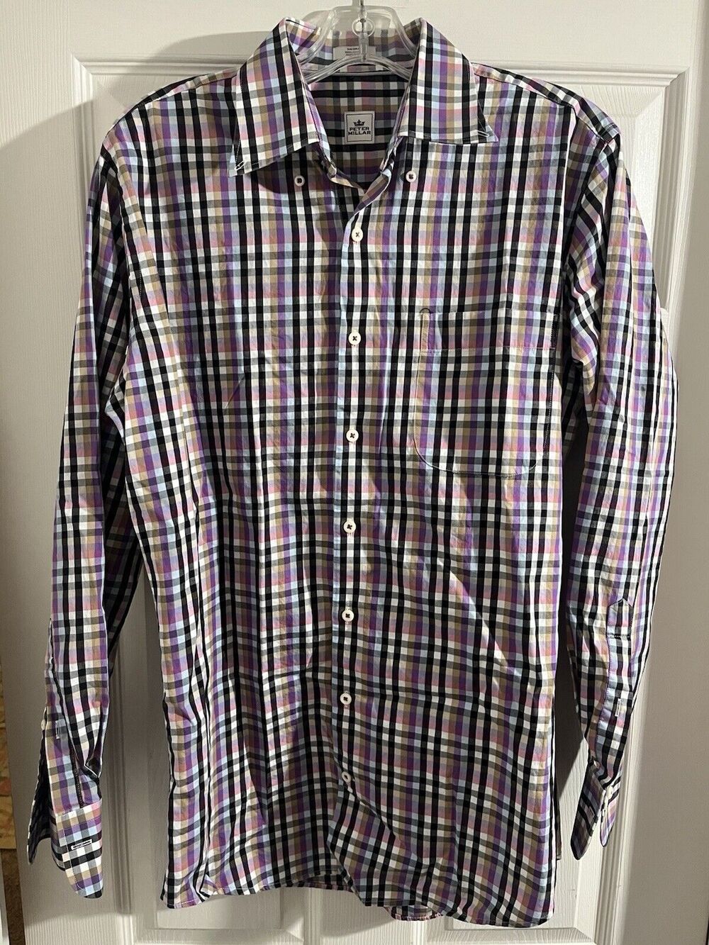 Peter Millar Mens Sz M Purple Black White Plaid Long Sleeve Button Up